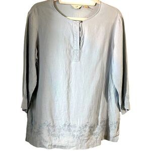 J.Jill Blue Linen Floral Embroidered Blouse Size Small